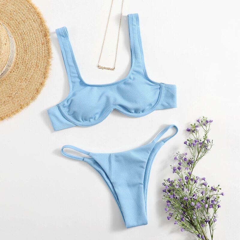 

Solid Ribbed Thong Bikini Swimsuit, Baby blue