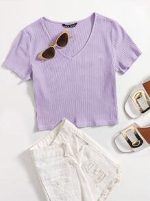 SHEIN EZwear V-Neck Rib-knit Top - Lilac Purple - View 1