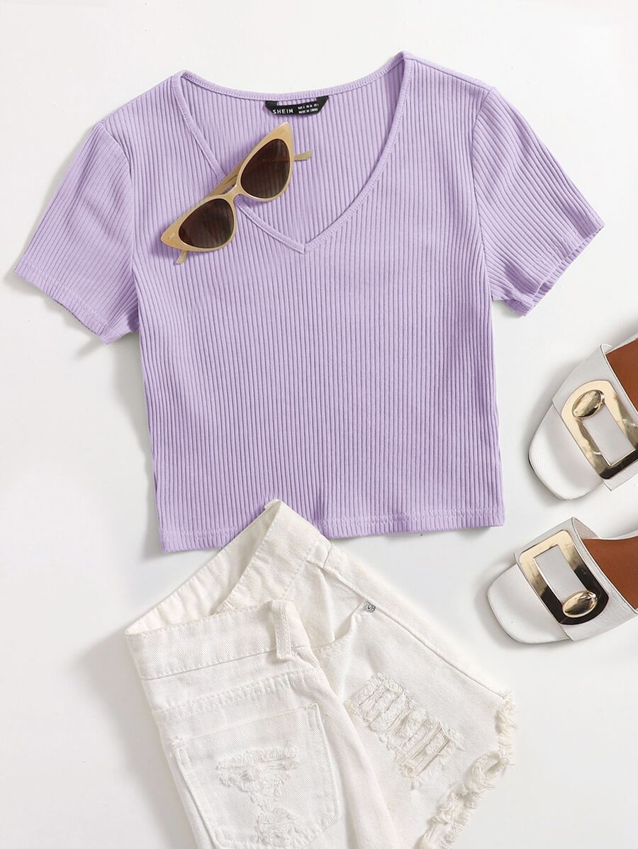 SHEIN EZwear V-Neck Rib-knit Top - Lilac Purple - View 1