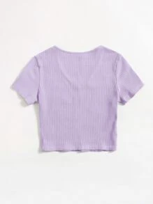 SHEIN EZwear V-Neck Rib-knit Top - Lilac Purple - View 2