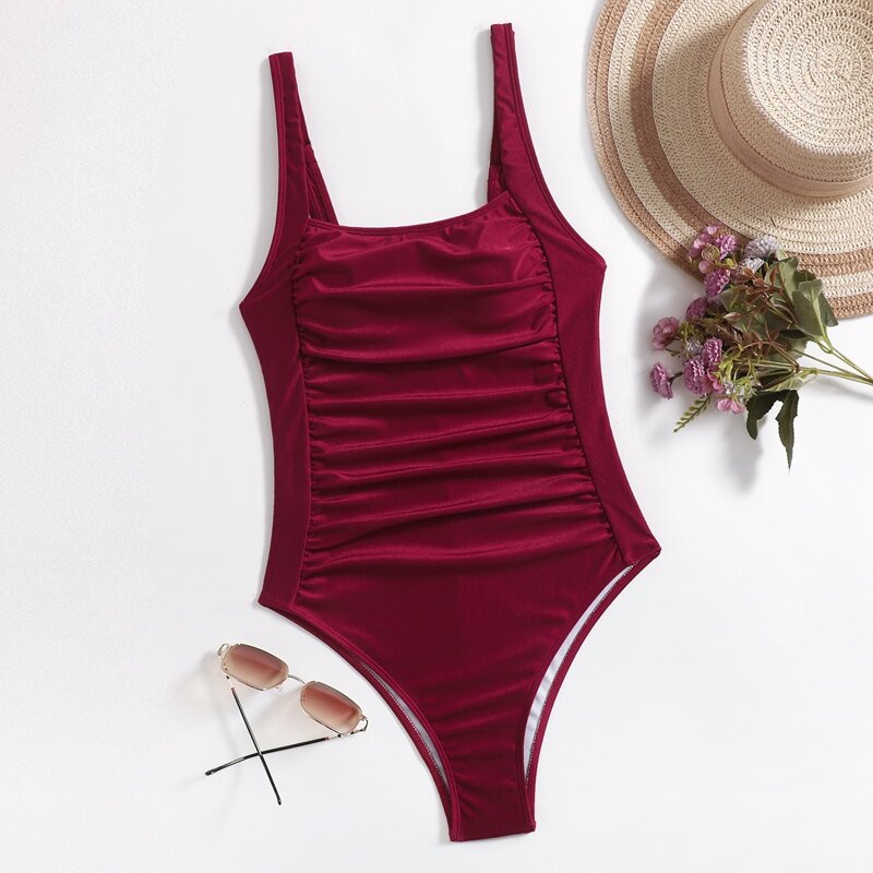 

Solid Ruched One Piece Swimsuit, Burgundy