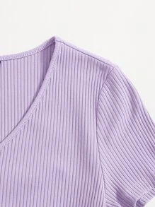 SHEIN EZwear V-Neck Rib-knit Top - Lilac Purple - View 3