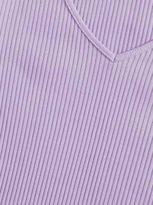 SHEIN EZwear V-Neck Rib-knit Top - Lilac Purple - View 4