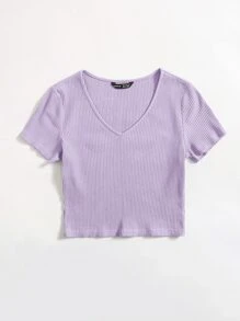 SHEIN EZwear V-Neck Rib-knit Top - Lilac Purple - View 5
