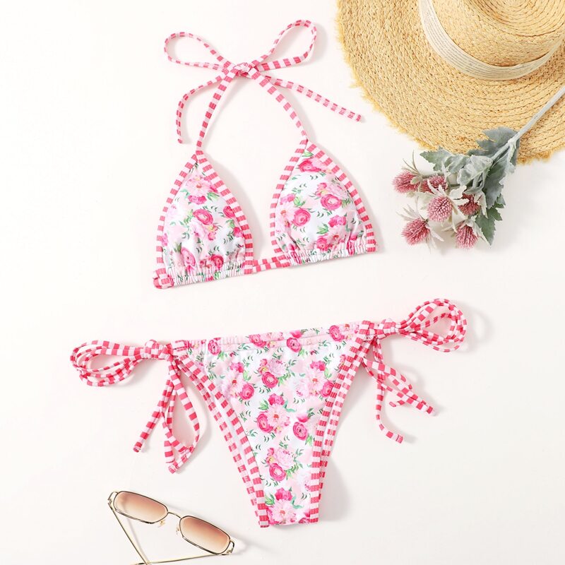 

Ditsy Flower Ringer Halter Tie Side Bikini Swimsuit, Multicolor