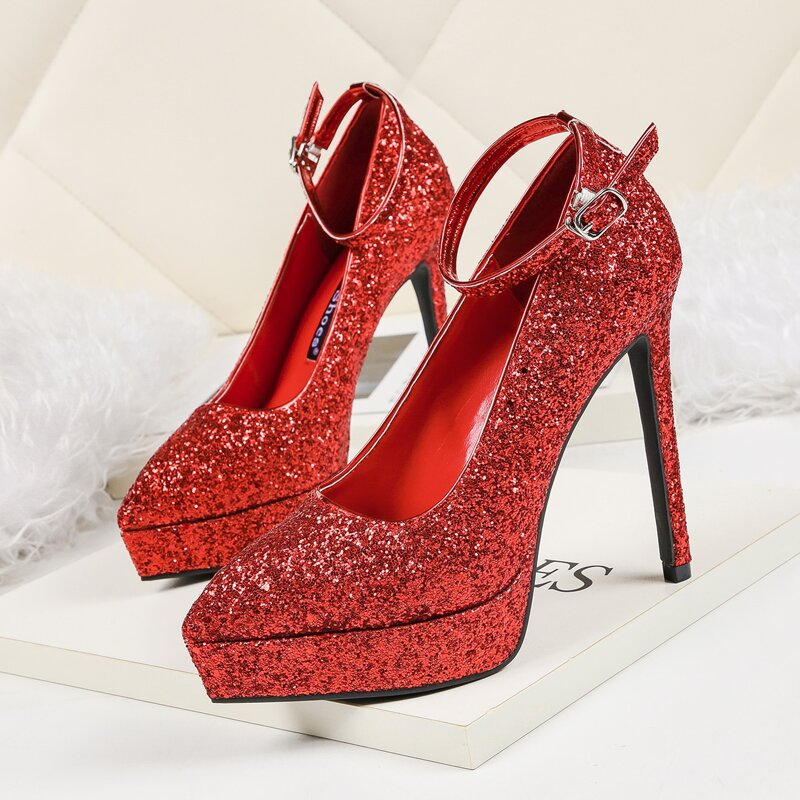 

Ankle Strap Ultra High Heeled Glitter Pumps, Red