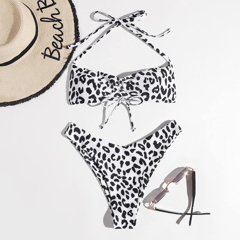 

Leopard Drawstring Halter High Cut Bikini Swimsuit, Black and white
