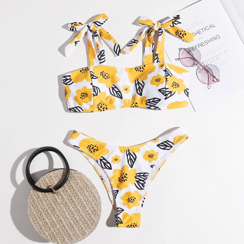 

Floral Tie Shoulder Bikini Swimsuit, Multicolor