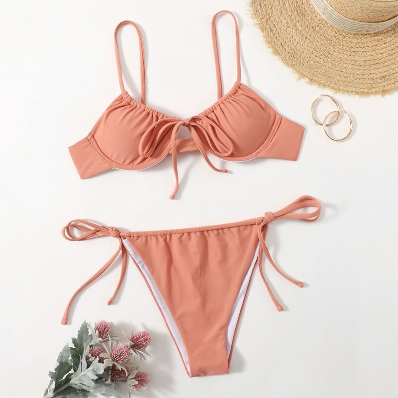 

Solid Drawstring Push Up Tie Side Bikini Swimsuit, Coral orange