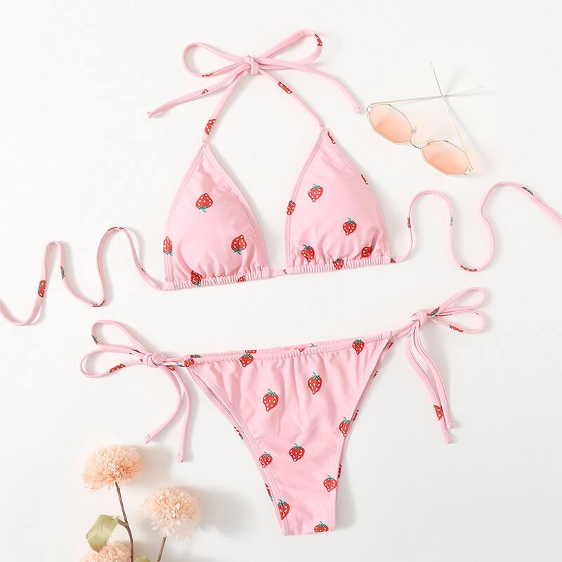 

Strawberry Print Halter Tie Side Bikini Swimsuit, Baby pink