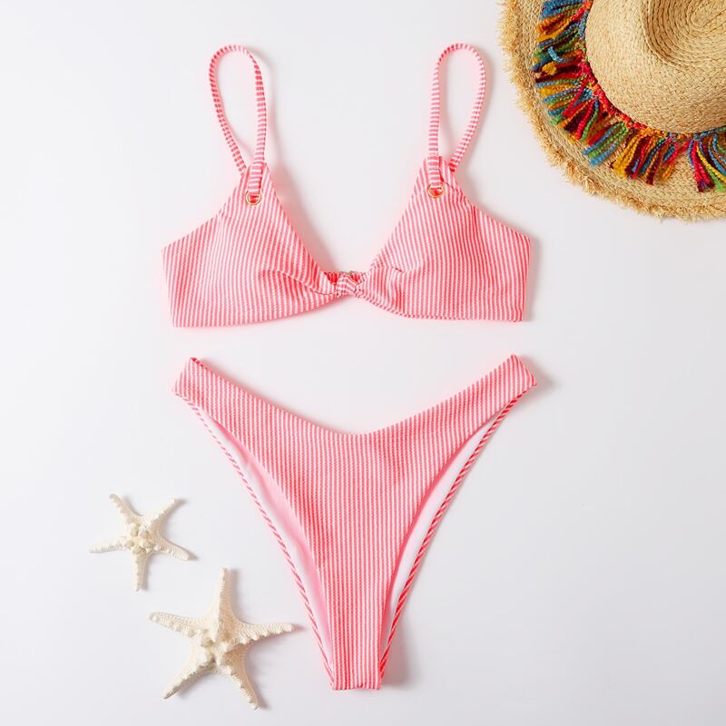 Striped Knot High Cut Bikini Swimsuit, Coral pink