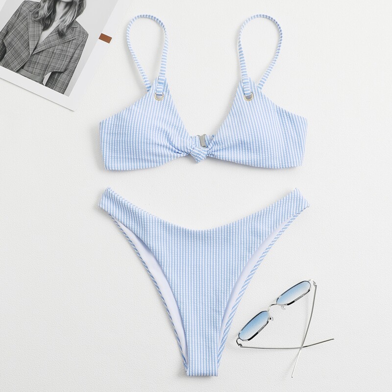 

Striped Knot High Cut Bikini Swimsuit, Blue and white