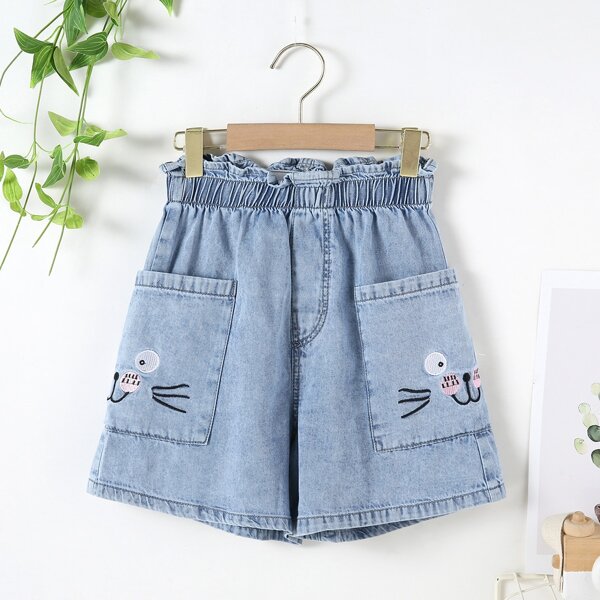 

Girls Cartoon Embroidery Dual Pocket Paperbag Denim Shorts, Light wash