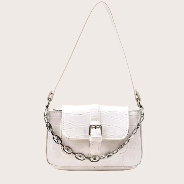 

Croc Embossed Chain Baguette Bag, White