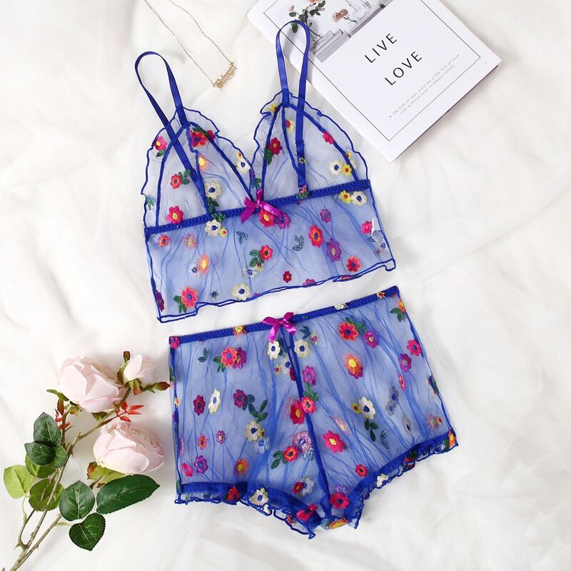 

Floral Embroidered Mesh Lingerie Set, Blue