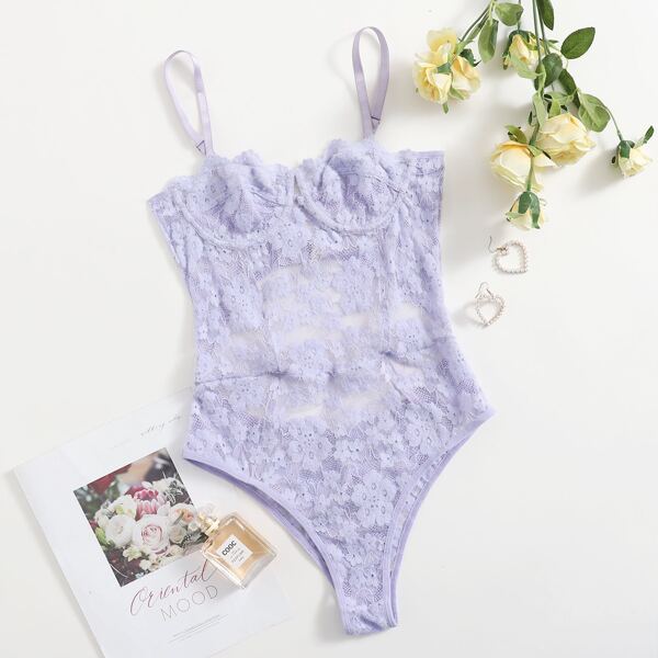 

Floral Lace Underwire Teddy Bodysuit, Lilac purple