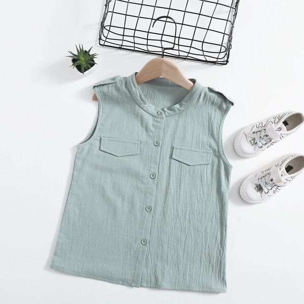 

Girls Solid Button Front Vest Blouse, Mint green