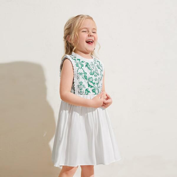 

Toddler Girls Eyelet Embroidered Trim Graphic Print Dress, Multicolor