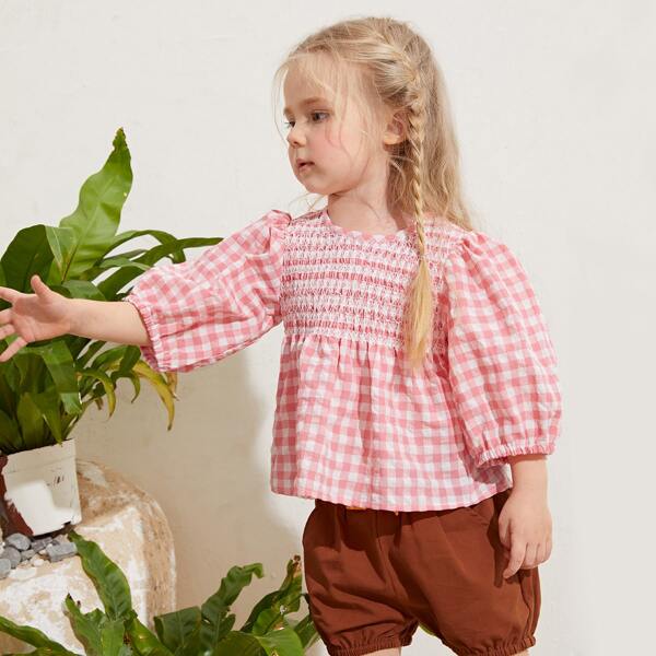 

Toddler Girls Lantern Sleeve Shirred Yoke Gingham Top, Coral pink