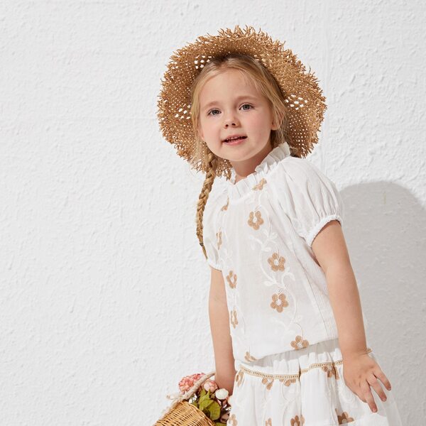 

Toddler Girls Frill Mock Neck Puff Sleeve Embroidery Floral Top, White