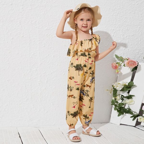 

Toddler Girls Animal And Plants Print Asymmetrical Neck Jumpsuit, Multicolor