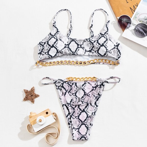

Snakeskin Chain Decor Thong Bikini Swimsuit, Multicolor