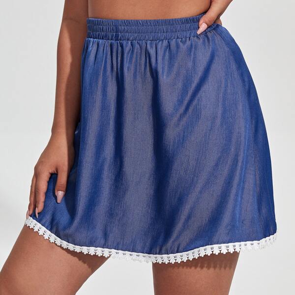 

Plus Contrast Binding Elastic Waist Skirt, Blue