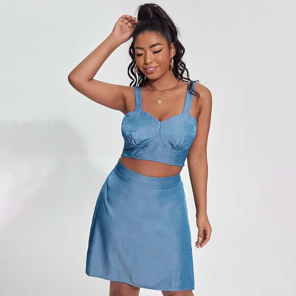 

Plus Button Back Denim Top & Denim Skirt, Medium wash