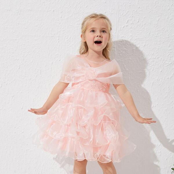 

Toddler Girls Tiered Ruffle Hem Tie Back Party Dress, Baby pink