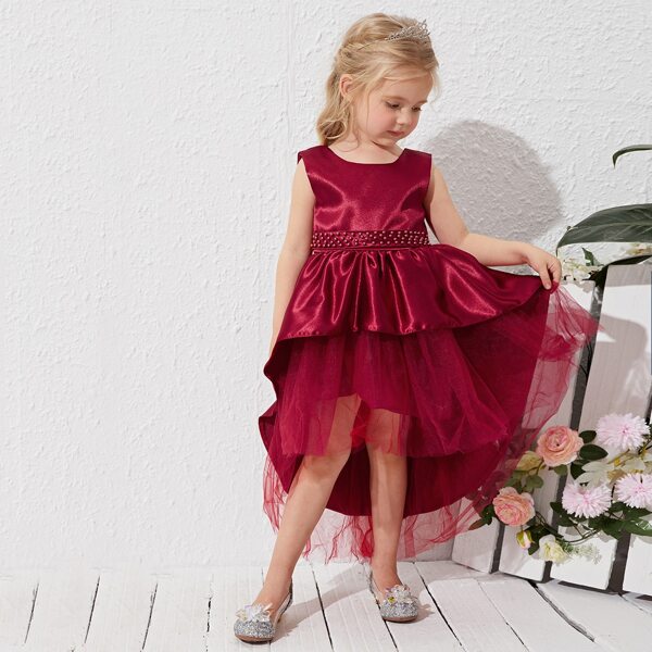 

Toddler Girls Pearls Beaded Big Bow Contrast Mesh Party Dress, Burgundy