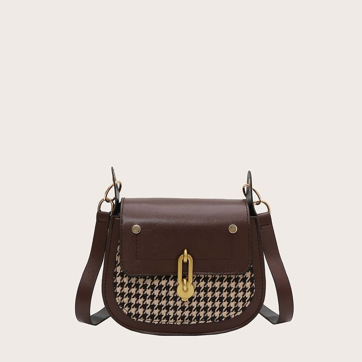 

Houndstooth Flap Saddle Bag, Coffee brown