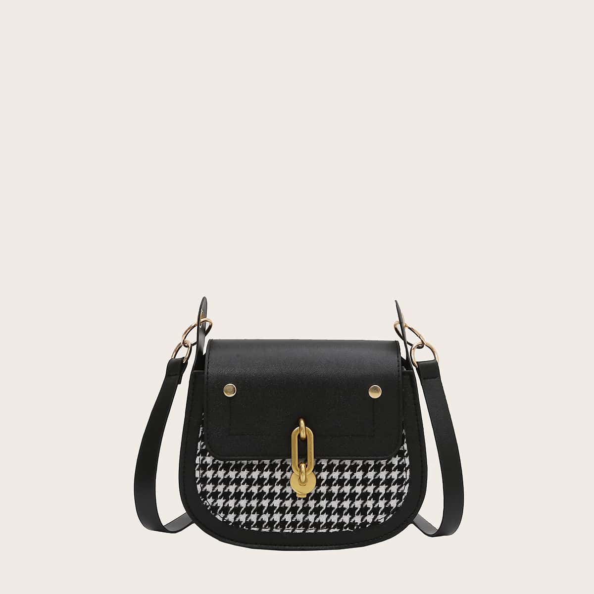 

Houndstooth Flap Saddle Bag, Black