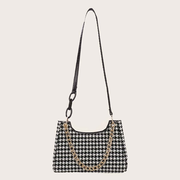 

Houndstooth Chain Shoulder Bag, Black and white