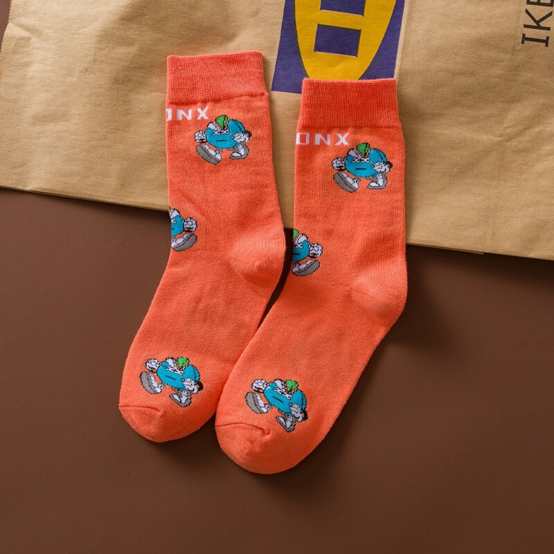 

1pair Cartoon Pattern Crew Socks, Orange