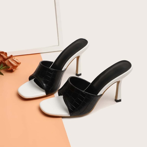 

Croc Embossed High Heeled Mules, Black