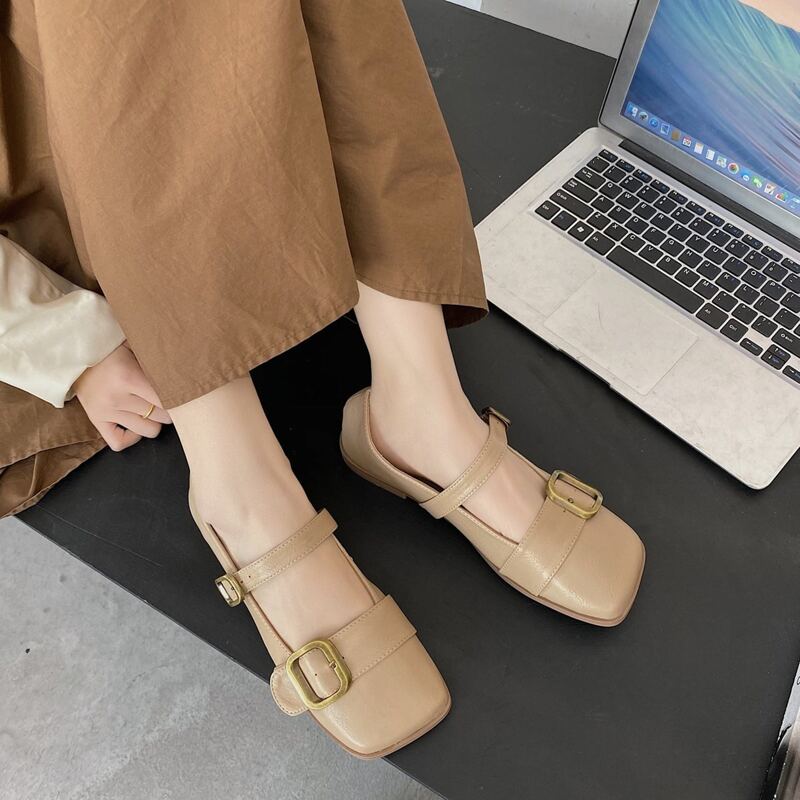 

Double Buckle Square Toe Mary Jane Flats, Khaki