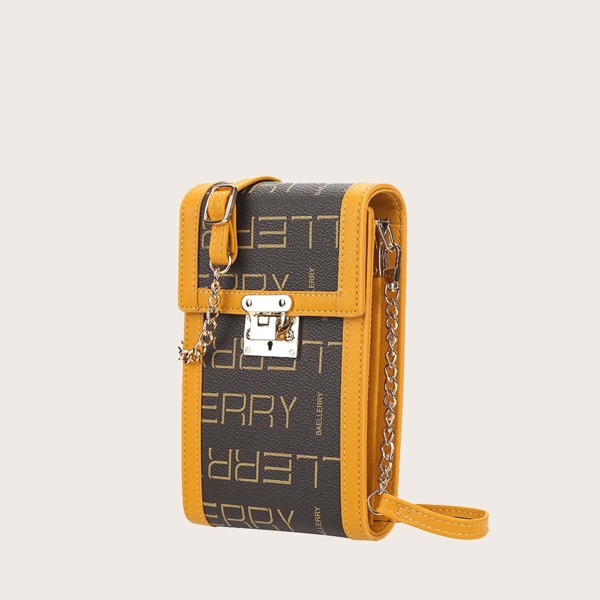 

Letter Graphic Flap Chain Crossbody Bag, Coffee brown