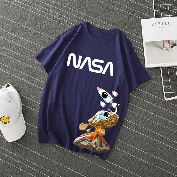 

Men Letter And Rocket Print Tee, Navy blue
