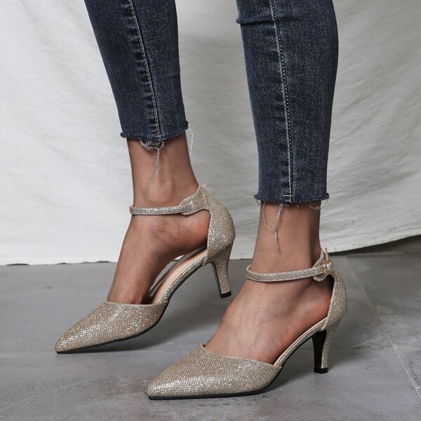 

Glitter Ankle Strap Point Toe Pumps, Champagne