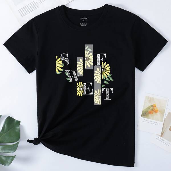 

Letter And Floral Print Tee, Black