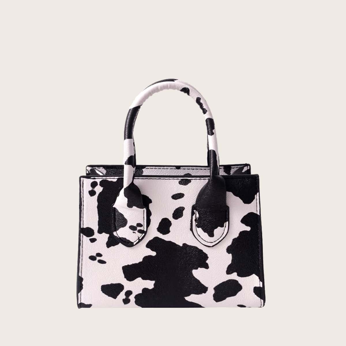 

Cow Print Satchel Bag, Black and white
