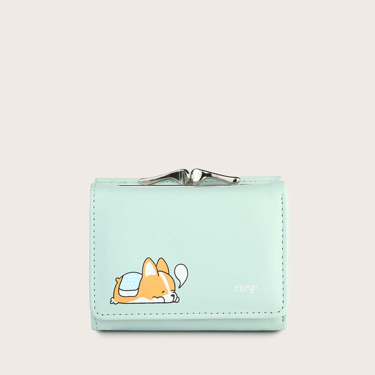 

Cartoon Corgi Short Purse, Pastel mint green
