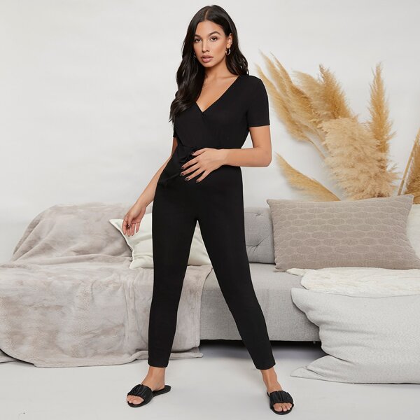 

Maternity Surplice Neck Knot Front Tee Jumpsuit, Black
