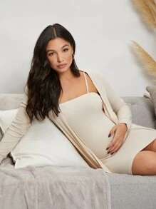 SHEIN Maternidad vestido de tirantes tejido de canalé con abrigo - Beis - Ver 5