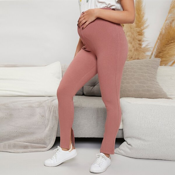 

Maternity Stretchable Rib-knit Split Hem Pants, Dusty pink