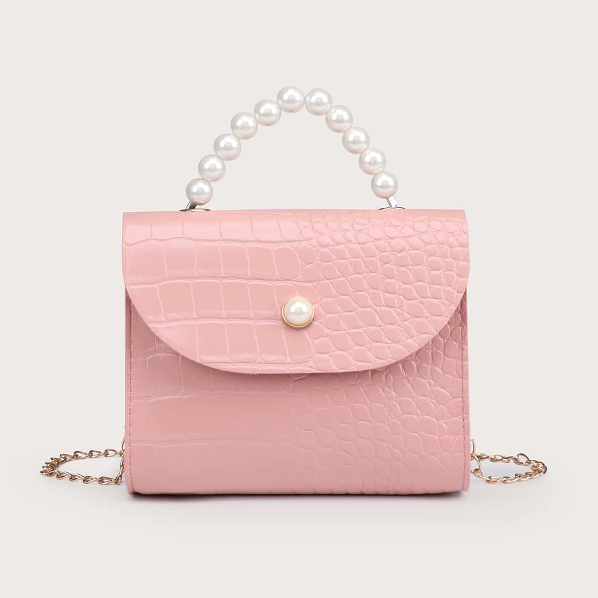 

Faux Pearl Handle Croc Embossed Satchel Bag, Baby pink
