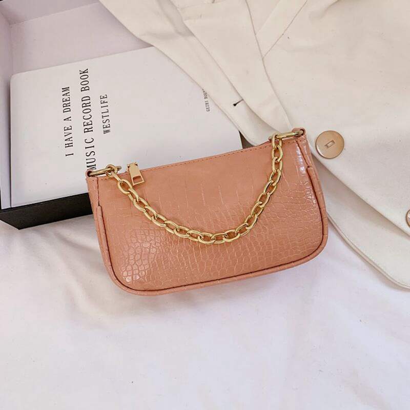 

Croc Embossed Chain Baguette Bag, Coral orange