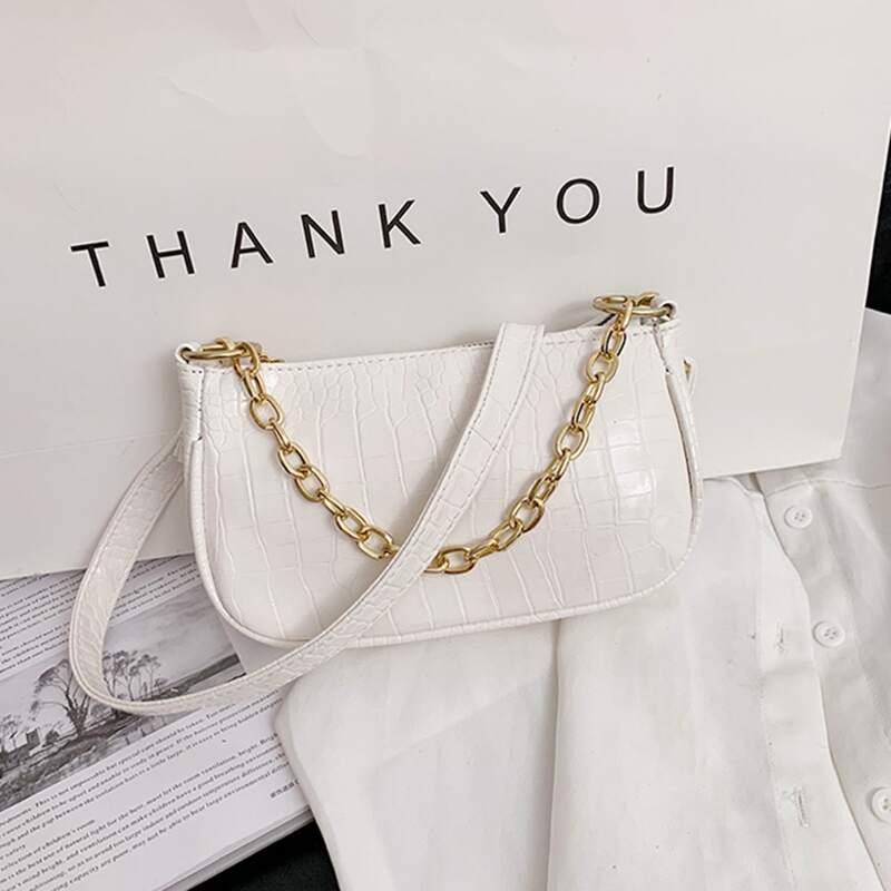 

Croc Embossed Chain Baguette Bag, Beige