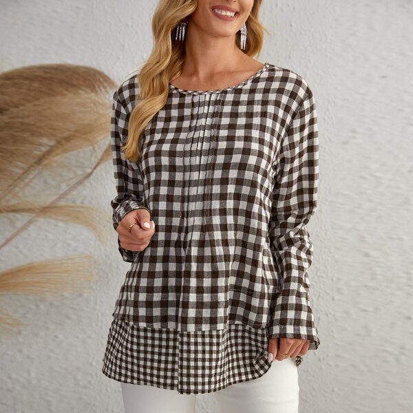 

Gingham Print 2 In 1 Blouse, Chocolate brown
