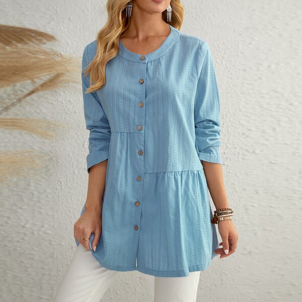 

Solid Button Up Longline Blouse, Baby blue